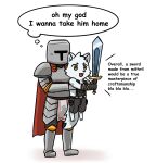  anthro arctic_fox canid canine carrying_another comic duo english_text fox hi_res human knight male mammal melee_weapon northwoooof size_difference sword text warrior weapon 