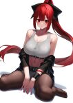  1girl :o absurdres bangs bare_shoulders breasts cleavage collarbone commentary_request full_body hair_between_eyes highres looking_at_viewer midriff navel original parted_lips shadow sidelocks simple_background sitting solo wariza white_background yamanokami_eaka 
