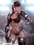  1girl adeptus_astartes armor armored_boots artist_name bangs black_bra black_panties boots bra breasts brown_hair cleavage collarbone gauntlets grey_eyes hand_on_hip highres iron_hands_(warhammer) lips long_hair mechanical_arms mole mole_under_eye navel panties parted_lips pauldrons ponytail power_armor shoulder_armor single_mechanical_arm smile solo space_marine stomach themaestronoob underwear warhammer_40k web_address 