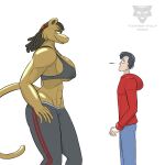  age_difference anthro big_breasts breasts clothing duo english_text felid feline female hi_res hoodie human lion male male/female mammal mature_female mommy_kink muscular muscular_anthro muscular_female older_female pantherine size_difference smaller_male text topwear torren_wolf tracksuit 