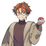  1boy anmochi bangs bespectacled black_hair brown-framed_eyewear brown_coat brown_shirt coat earrings fang glasses grin heterochromia holding holding_poke_ball holostars jewelry looking_at_viewer male_focus mole mole_under_eye multicolored_hair necklace official_alternate_costume orange_eyes orange_hair outline parody parted_bangs poke_ball poke_ball_(basic) pokemon pokemon_(game) purple_eyes shirt short_hair single_earring smile solo streaked_hair style_parody transparent_background turtleneck upper_body v-shaped_eyebrows virtual_youtuber yukoku_roberu 