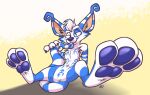  3_toes absurd_res ambiguous_gender anthro bedroom_eyes blue_body blue_fur blue_markings claws crux digitigrade feet fur hi_res magferret_(artist) markings narrowed_eyes nude pawpads paws seductive solo solo_focus tail tail_in_mouth toes toony tuqiri 