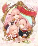  3girls anniversary blush closed_eyes copyright_name heart kaori long_hair looking_at_viewer lulu_(wand_of_fortune) multiple_girls multiple_persona one_eye_closed open_mouth orange_eyes pink_hair short_hair smile wand_of_fortune wavy_hair 