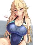  black_one-piece_swimsuit blonde_hair blue_eyes blue_one-piece_swimsuit blush breasts competition_swimsuit covered_navel dated highleg highleg_swimsuit highres indoors iowa_(kancolle) kantai_collection large_breasts long_hair montemasa multicolored_clothes multicolored_swimsuit one-hour_drawing_challenge one-piece_swimsuit pool poolside sitting smile star-shaped_pupils star_(symbol) swimsuit symbol-shaped_pupils twitter_username two-tone_swimsuit wet wet_clothes wet_swimsuit 