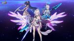  3girls armor bronya_zaychik bronya_zaychik_(herrscher_of_truth) crown floating high_ponytail highres holding holding_weapon honkai_(series) honkai_impact_3rd kiana_kaslana kiana_kaslana_(herrscher_of_finality) logo looking_at_viewer multiple_girls official_alternate_costume official_art polearm raiden_mei raiden_mei_(herrscher_of_origin) spear sword weapon 