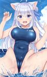  1girl absurdres ahoge animal_ear_fluff animal_ears bangs blue_one-piece_swimsuit blue_sky blush breasts cloud collarbone commentary_request commission competition_swimsuit covered_navel cumulonimbus_cloud hair_ribbon highres horizon large_breasts long_hair looking_at_viewer mizunashi_kenichi ocean one-piece_swimsuit open_mouth original outdoors pixiv_commission ribbon sidelocks sitting sky solo spread_legs stomach swimsuit water_drop white_hair 