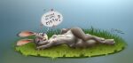  anthro breasts countershade_face countershade_torso countershading disney female front_view genitals grass hand_behind_own_head hand_on_hip hearts_around_text hi_res judy_hopps lagomorph leporid long_ears lying mammal nude on_side plant purple_eyes pussy rabbit seductive signature small_breasts solo speech_bubble stellarhips thick_thighs thigh_gap wide_hips zootopia 