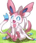  :d absurdres blue_eyes bright_pupils commentary_request fangs grass highres jira_(ziraiya26) no_humans open_mouth pokemon pokemon_(creature) sitting smile solo sparkle sylveon white_pupils 