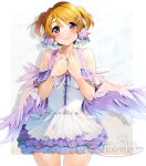  1girl angel angel_wings bare_shoulders brown_hair dress facing_viewer floral_print flower hair_flower hair_ornament hairpin hands_on_own_chest highres koizumi_hanayo layered_dress love_live! love_live!_school_idol_project nakano_maru petals purple_eyes ribbon rose short_hair smile twintails white_flower white_rose wings 
