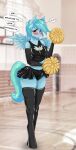  absurd_res anthro armwear blush bottomwear bulge cheerleader clothed clothing elbow_gloves fan_character girly gloves hair handwear hi_res latex legwear long_hair male pom_poms shamziwhite shy siriusnavigator skirt stockings text 