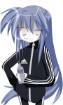  :3 absolut_vodka absurdres adidas bags_under_eyes birthmark blue_hair bottle cigarette colored_skin communism flat_chest gopnik highres holding holding_bottle izumi_konata long_hair lucky_star nastya_kotvinski non-web_source otaku pale_skin raised_eyebrow russia smile smoking sportswear standing white_skin 