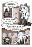  absurd_res anthro arctic_fox canid canine comic duo english_text fox hi_res human knight male mammal melee_weapon muscular muscular_male northwoooof sword text warrior weapon 