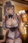  1girl absurdres alcohol apron aragiken beer black_bow black_bowtie black_corset blurry blurry_background bow bowtie breasts character_name cleavage closed_mouth copyright_name corset cup daisy detached_collar detached_sleeves drinking_glass flower foam frills green_eyes grey_hair hair_flower hair_ornament highres holding holding_cup hololive indoors large_breasts long_hair looking_at_viewer maid_apron mole mole_on_breast official_alternate_costume official_alternate_hair_length official_alternate_hairstyle puffy_short_sleeves puffy_sleeves shirogane_noel short_sleeves sitting skirt smile solo straight_hair thighhighs virtual_youtuber white_thighhighs zettai_ryouiki 