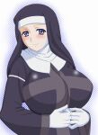 1girl black_headwear black_robe blue_eyes blush breasts closed_mouth commentary_request firewarstorm gloves habit huge_breasts light_blush long_sleeves looking_at_viewer mature_female nun orsola_aquinas robe smile solo toaru_majutsu_no_index upper_body white_background white_gloves 