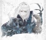  1boy black_jacket bug butterfly closed_mouth gloves grey_eyes grey_gloves haitaka_no_psychedelica hugh_(haitaka_no_psychedelica) jacket kaori long_sleeves looking_at_viewer male_focus short_hair smile solo white_background white_butterfly white_hair 