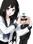  1boy 1girl :d artist_logo bangs black_hair black_jacket black_pants black_sailor_collar blush breasts brown_hair chitanda_eru commentary grey_neckerchief hands_in_pockets heart heart_hands highres hyouka jacket kamiyama_high_school_uniform_(hyouka) long_hair long_sleeves looking_at_viewer mery_(yangmalgage) neckerchief open_mouth oreki_houtarou pants purple_eyes sailor_collar school_uniform serafuku shirt short_hair simple_background smile teeth upper_teeth_only white_shirt 