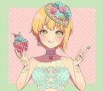  1girl aqua_headwear blonde_hair chagi_chage character_request cherry closed_mouth cupcake earrings food fruit green_background green_eyes halterneck hands_up holding holding_food idolmaster idolmaster_cinderella_girls idolmaster_cinderella_girls_starlight_stage index_finger_raised jewelry licking_lips looking_at_viewer multicolored_background outside_border pink_background short_hair sleeveless solo tongue tongue_out twitter_username upper_body 