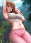  1girl arm_up armpits bangs blue_eyes blurry blurry_background breasts brown_hair closed_mouth forest ginhaha grey_sports_bra highres holding holding_towel large_breasts leggings looking_at_viewer midriff mixed-language_commentary nature navel outdoors pink_leggings pokemon pokemon_(anime) pokemon_xy_(anime) serena_(pokemon) short_hair smile solo sports_bra sportswear stomach sweat towel tree 