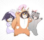  3girls :d \m/ animal_ears arm_up atsuko&#039;s_grin_(meme) bangs blonde_hair blue_archive blunt_bangs blush brown_eyes brown_hair closed_eyes commentary_request ears_down embarrassed fake_tail fidgeting fox_ears fox_girl fox_tail full_body grey_hair hair_over_one_eye halo happy head_tilt izuna_(blue_archive) looking_at_viewer lop_rabbit_ears meme michiru_(blue_archive) multicolored_hair multiple_girls one_eye_covered onesie open_mouth own_hands_together purple_eyes purple_hair rabbit rabbit_girl rabbit_tail raccoon_ears raccoon_girl raccoon_tail sidelocks simple_background smile solo standing swept_bangs tail tearing_up tears teeth tsukuyo_(blue_archive) two-tone_hair white_background yosik 