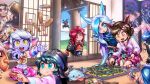  4girls 5boys :d :o ahri_(league_of_legends) alternate_costume animal_print bangs bird black_hair black_headwear blue_eyes blue_hair bow bowtie braid brown_bow brown_bowtie cloud copyright_request cup day dynasty_ahri fang food goggles goggles_on_head green_eyes hammer highres holding holding_food holding_hammer indoors league_of_legends long_hair long_sleeves midriff multiple_boys multiple_girls navel ninja official_alternate_costume phantom_ix_row poro_(league_of_legends) red_hair smile stomach sweat tabletop_game teeth tristana upper_teeth_only whiskers white_hair yellow_eyes yordle 