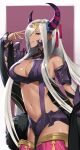  1girl absurdres asymmetrical_horns bangs bare_shoulders blush breasts cleavage commentary cowboy_shot detached_sleeves dragon_girl fire_emblem fire_emblem_engage grey_hair grey_horns hair_ornament hair_over_one_eye highres horns long_hair looking_at_viewer mature_female midriff navel pointy_ears purple_eyes purple_ribbon ribbon shou_illust simple_background smile solo spiked standing stomach tan tassel tassel_hair_ornament thighs very_long_hair zephia_(fire_emblem) 