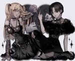  3girls addams_family amane_misa armpits bangs bare_shoulders black_choker black_dress black_footwear black_hair black_sleeves blonde_hair braid breasts brown_eyes chain choker cleavage closed_mouth collared_dress death_note death_note_(object) detached_sleeves dress fishnet_thighhighs fishnets grey_background heart highres large_breasts long_hair middle_finger multiple_girls oji_~yo parted_bangs pen print_sleeves rem_(death_note) short_hair short_sleeves thighhighs wednesday_(netflix) wednesday_addams white_background yellow_eyes 