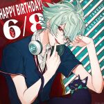  1boy aqua_hair black_cat blue_shirt cat character_name collar_x_malice collared_shirt dated glasses happy_birthday headphones headphones_around_neck kaori looking_at_viewer male_focus open_mouth red_eyes sasazuka_takeru shirt short_hair short_sleeves smile solo teeth white_shirt 