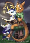  absurd_res anthro azural_cobaltros blue_eyes clothed clothing duo female hi_res kobold male mother mother_and_child parent parent_and_child scalie smile storytelling tail white_body yellow_eyes 