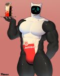  2022 android anthro anthrofied artist_name bellabot black_body domestic_cat el_tacc0 english_description felid feline felis hand_behind_back hi_res holding_object jollibee jollibot machine male mammal multicolored_body muscular muscular_anthro muscular_male one_eye_closed portrait pudu_robotics red_background robot screen screen_face shaded simple_background solo three-quarter_portrait white_body wink 