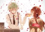  1boy 1girl brown_hair brown_sweater cherry_blossoms collar_x_malice green_eyes green_hair hoshino_ichika_(collar_x_malice) long_hair long_sleeves looking_at_another necktie red_eyes sasazuka_takeru shirt short_hair sweater wavy_hair white_background white_shirt yuri_(pooh020202) 