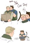  2boys animal_ears bara biting black_hair blue_shirt blush box brown_hair bulletproof_vest cat_boy cat_day cat_ears cat_tail chris_redfield dated ear_biting english_text facial_hair ghachi8_8 green_shirt grey_pants highres looking_at_another male_focus multiple_boys muscular muscular_male pants piers_nivans resident_evil resident_evil_6 scarf shirt short_hair simple_background tail white_background yaoi 