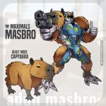  ashmish beast_wars black_eyes capybara character_name green_eyes gun holding holding_gun holding_weapon looking_at_viewer maximal mecha no_humans original robot science_fiction smile standing thumbs_up transformers weapon web_address 