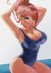 1girl arms_up asahina_aoi bangs bare_shoulders blue_eyes blue_one-piece_swimsuit breasts brown_hair cleavage collarbone covered_navel danganronpa:_trigger_happy_havoc danganronpa_(series) dark-skinned_female dark_skin hair_ornament hair_tie_in_mouth hairclip hands_in_hair highres kitsune_yuki large_breasts looking_at_viewer mouth_hold one-piece_swimsuit school_swimsuit short_hair sitting solo swimsuit wet 