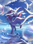  blurry bubble cloud commentary_request day from_side full_body highres kuchiba_(jret2454) no_humans outdoors pokemon pokemon_(creature) ripples signature sky solo sylveon water 