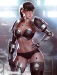  1girl adeptus_astartes armor armored_boots artist_name bangs black_bra black_panties boots bra breasts brown_hair cleavage collarbone gauntlets grey_eyes hand_on_hip highres iron_hands_(warhammer) lips long_hair mechanical_arms mole mole_under_eye navel panties parted_lips pauldrons ponytail power_armor shoulder_armor single_mechanical_arm smile solo space_marine stomach strapless strapless_bra themaestronoob underwear warhammer_40k web_address 