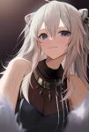  1girl absurdres animal_ears bare_shoulders breasts brown_background closed_mouth commentary ear_piercing gnns grey_eyes highres hololive lion_ears long_hair looking_at_viewer piercing portrait see-through_cleavage shishiro_botan simple_background smile solo virtual_youtuber white_hair 