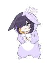  1girl animal_ears bangs blonde_hair blue_archive blunt_bangs blush commentary_request ears_down embarrassed fake_tail fidgeting full_body hair_over_one_eye halo head_tilt highres looking_at_viewer lop_rabbit_ears multicolored_hair one_eye_covered onesie open_mouth own_hands_together purple_eyes purple_hair rabbit rabbit_girl rabbit_tail sad sidelocks simple_background solo standing tail tearing_up tears tsukuyo_(blue_archive) two-tone_hair white_background yosik 