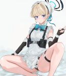  1girl apron bangs black_gloves black_leotard blonde_hair blue_archive blue_bow blue_bowtie blue_eyes blue_ribbon bow bowtie breasts bun_cover chest_harness closed_mouth commentary_request dema_hmw earpiece elbow_gloves feet_out_of_frame fingerless_gloves frilled_hairband frills gloves hair_bun hair_ribbon hairband halo hand_up harness highleg highleg_leotard highres leotard leotard_under_clothes looking_at_viewer maid_headdress microphone pouch ribbon short_hair sidelocks simple_background sitting solo spread_legs thigh_strap thighs toki_(blue_archive) v white_background white_hairband 