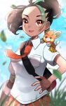  1girl :d absurdres backpack bag bangs black_bag blurry breast_pocket collared_shirt commentary_request day eyelashes falling_leaves freckles green_hair hand_on_hip highres kurumiya_(krmy_p) leaf long_hair multicolored_hair necktie nemona_(pokemon) on_shoulder open_mouth orange_eyes orange_necktie orange_shorts outdoors pawmi pocket pokemon pokemon_(creature) pokemon_(game) pokemon_on_shoulder pokemon_sv ponytail shirt short_sleeves shorts smile two-tone_hair 