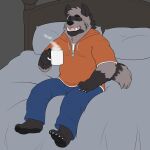  2023 anthro bed bottomwear clothing dave_(password) eyes_closed feet furniture hi_res hoodie humanoid_hands hyena kosukerw male mammal mug pants password_(visual_novel) pillow sitting solo striped_hyena topwear 