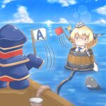  1girl barrel blonde_hair blush breasts character_request chibi colorado_(kancolle) dock flag floating garrison_cap grey_headwear hat headgear highres i-class_destroyer kantai_collection mario_(series) mario_party outdoors red_flag riretsuto rope shirt short_hair sleeveless solid_eyes white_flag white_shirt 