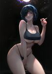  1girl bare_shoulders black_background black_bra black_hair black_panties blue_eyes bra breasts chainsaw_man cigarette cinderone cleavage collarbone contrapposto curvy english_commentary eyepatch grin hand_up highres himeno_(chainsaw_man) holding holding_cigarette large_breasts navel paid_reward_available panties short_hair signature smile smoke smoking solo stomach teeth thighs underboob underwear underwear_only wide_hips 