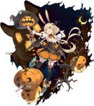  1girl :d animal_ears azur_lane benson_(azur_lane) benson_(cutie_pumpkin_pie)_(azur_lane) black_corset black_thighhighs blonde_hair breasts brown_eyes brown_footwear cleavage closed_eyes corset crescent_moon demon_wings detached_sleeves eagle_union_(emblem) fake_animal_ears hair_ribbon halloween_costume hao_(patinnko) hat head_wings highres holding holding_staff jack-o&#039;-lantern long_hair low_twintails medium_breasts moon official_alternate_costume official_art one_eye_closed open_mouth orange_ribbon orange_shorts pointing pointing_at_self puffy_short_sleeves puffy_shorts puffy_sleeves pumpkin ribbon short_sleeves shorts sidelocks silk smile solo spider_web staff thighhighs tress_ribbon twintails white_sleeves wings witch_hat wrist_cuffs 