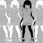  1girl afterimage bangs blunt_bangs closed_mouth empty_eyes expressionless full_body greyscale hands_up head_tilt highres hood hood_down hoodie inverted_colors jitome lag_train_(vocaloid) long_hair long_sleeves looking_at_viewer low_twintails mefomefo monochrome nukunuku_nigirimeshi_(style) open_hands osage_(inabakumori) romaji_commentary shoes sneakers standing thighhighs twintails very_long_hair vocaloid zettai_ryouiki 