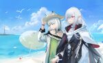  2girls absurdres animal_ear_fluff animal_ears arknights ascot bare_shoulders beach beach_umbrella black_coat brown_headwear cat_ears closed_mouth coat day dress ears_through_headwear gladiia_(arknights) gladiia_(return)_(arknights) green_dress green_eyes grey_hair hair_over_one_eye hand_on_headwear highres holding_hands interlocked_fingers kal&#039;tsit_(arknights) long_hair long_sleeves multiple_girls ocean off-shoulder_dress off_shoulder official_alternate_costume open_clothes open_coat oripathy_lesion_(arknights) outdoors paper_boat pointy_ears purple_eyes senkane smile umbrella water white_ascot white_coat 