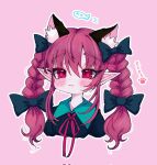  1girl :3 animal_ear_fluff animal_ears blush bow bowtie braid cat_day cat_ears dress extra_ears fish green_dress highres kaenbyou_rin outline paw_print pink_background pointy_ears puffy_sleeves red_bow red_bowtie red_eyes red_hair renakobonb simple_background slit_pupils solo touhou twin_braids white_outline 