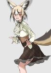  absurdres animal_ears black_bow black_bowtie blonde_hair blush bow bowtie brown_hair brown_skirt casual collar commentary_request cowboy_shot extra_ears fox_ears fox_girl fox_tail frilled_collar frills high-waist_skirt highres kemono_friends kemono_friends_3 long_sleeves looking_at_viewer multicolored_hair official_alternate_costume open_mouth orange_eyes plaid plaid_skirt puffy_sleeves rueppell&#039;s_fox_(kemono_friends) shirt short_hair sidelocks skirt smile tail tanabe_(fueisei) white_hair white_shirt 
