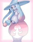  anthro areola big_breasts blue_hair blush breasts female generation_8_pokemon hair hanging_breasts hatterene hay hi_res huge_breasts nintendo nipples one_breast_out one_eye_closed pokemon pokemon_(species) seductive solo tongue tongue_out 