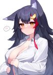  1girl absurdres animal_ear_fluff animal_ears blush breasts cleavage closed_mouth deaver hair_ornament highres hololive large_breasts long_hair long_sleeves multicolored_hair ookami_mio open_clothes open_shirt red_hair simple_background solo spoken_blush streaked_hair upper_body virtual_youtuber white_background wolf_ears wolf_girl yellow_eyes 