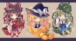  3girls bell_pepper bell_pepper_slice blonde_hair blue_skirt bow braid brown_eyes brown_hair chibi collared_shirt detached_sleeves frilled_hair_tubes frilled_skirt frills green_hair green_pepper hair_ornament hair_tubes hakurei_reimu hat hat_bow highres kirisame_marisa kochiya_sanae long_hair multiple_girls nikorashi-ka polka_dot polka_dot_background red_bow red_pepper red_skirt red_vest shirt sidelocks single_braid skirt snake_hair_ornament touhou v vest white_sleeves witch_hat yellow_eyes yellow_pepper 